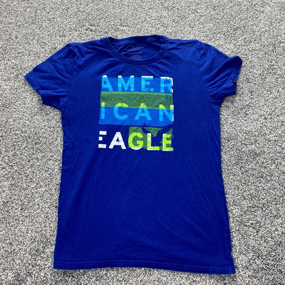 American Eagle Shirt Womens XS Blue Spell Out Logo Athletic Cotton Preppy Casual